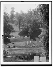 A Glimpse of the tower, Mt. Auburn Cemetery, Cambridge, Mass., between 1890 and 1901. Creator: Unknown.