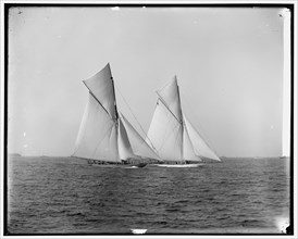 Shamrock and Columbia maneuvering for the start, 1899 Oct 19. Creator: Unknown.