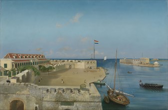 The harbour entrance with the Government Palace, Willemstad, 1858.  Creator: Prosper Crébassol.