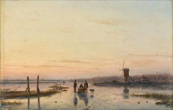 Windmill beside a frozen river, 1860-1862. Creator: Andreas Schelfhout.