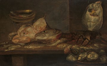 Still Life with Fish and a Lobster and Oysters on a Table nearby, 1660. Creator: Alexander Adriaenssen.