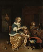 Interior with a Mother Combing her Child's Hair, Known as 'Maternal Care', 1669. Creator: Gaspar Netscher.