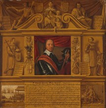 Portrait of Oliver Cromwell, in a Frame with Allegorical Figures and Historical Rep..., c.1650. Creator: Unknown.