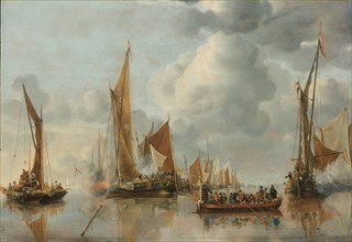 The Home Fleet Saluting the State Barge, 1650. Creator: Jan van de Cappelle.