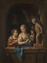 Two Girls with Flowers by a Statue of Cupid, 1713. Creator: Pieter van der Werff.