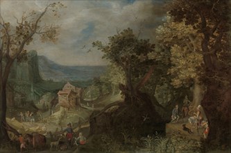 Hunter and Horsemen on a Wooded Road, with a Village in a Valley beyond, 1608. Creator: Anton Mirou.