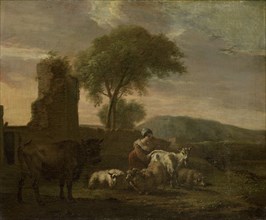Italian Landscape with Shepherdess and Flocks, 1712. Creator: Simon van der Does.