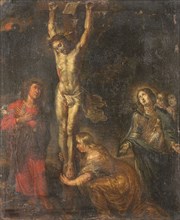 Christ on the Cross, with the Mother of Sorrows and Saints John the Evangelist and Mary..., c.1630. Creator: Unknown.