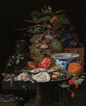 Still Life with Fruit, Oysters, and a Porcelain Bowl, 1660-1679. Creator: Abraham Mignon.