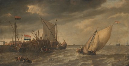 Travellers Disembarking at a Jetty on the Scheldt in Strong Winds, c.1635. Creator: Bonaventura Peeters I.