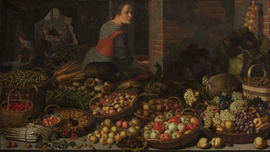 Still Life with Fruit and Vegetables, with Christ at Emmaus in the background, c.1630. Creators: Jesus Christ, Floris van Schooten.