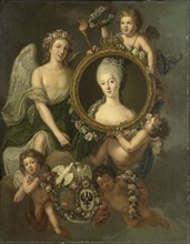 Portrait of Wilhelmina of Prussia in a medallion with allusions to her marriage to Prince William V  Creator: Friedrich Reclam.
