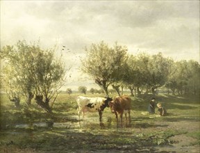 Cows at a pond, 1860-1865. Creator: Gerard Bilders.