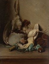 Still life with Wood Pigeon and Powder Horn, 1874. Creator: Guillaume Anne van der Brugghen.