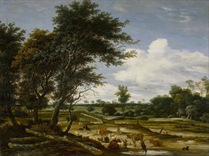 Landscape with herdsmen and cattle, 1665. Creator: Jacob van Ruysdael.