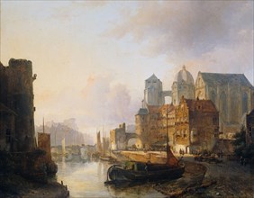 Imaginary View of a Riverside Town with Aachen Cathedral, 1846. Creator: Kasparus Karsen.