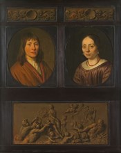 Portraits of a Man and a Woman framed with two ornamental frieze miniatures with shell motif and a T Creator: Pieter Cornelisz. van Slingeland.