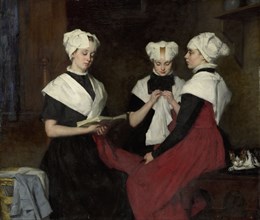 Three girls from the Amsterdam Burgerweeshuis, 1885.  Creator: Thérèse Schwartze.