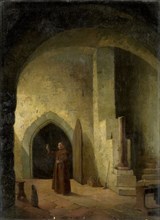 A monk in a cellar, holding a glass, 1800-1900.  Creator: F. Taupel.