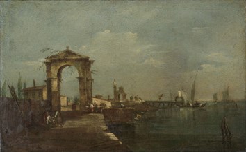 Landscape with a Quay and Ships on a Lake, 1760-1780. Creator: Francesco Guardi.