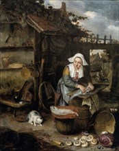 A Housewife in an inner Courtyard Cleaning Fish, 1639-1649. Creator: Hendrik Potuyl.