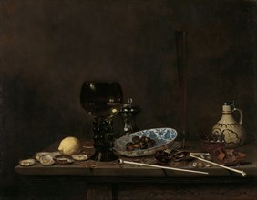 Still Life with Roemer, Flute Glass, Earthenware Jug and Pipes, 1651. Creator: Jan Jansz van de Velde.