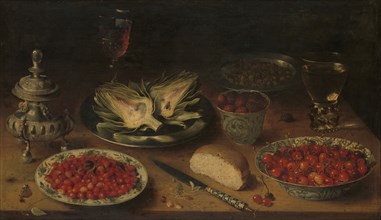 Still Life with Artichoke, Fruit in Kraak Porcelain Ware, a Salt Cellar/Pepper Castor, c.1605-c.1615 Creator: Osias Beert the Elder.