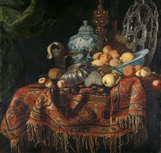 Still Life with Fruit, Plates and Dishes on a Turkish Carpet, 1650-1680. Creator: Simon Luttichuys.