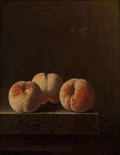 Three Peaches on a Stone Plinth, 1705. Creator: Adriaen Coorte.