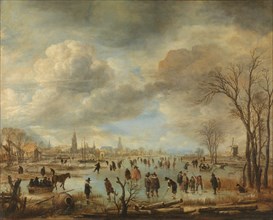 Winter Landscape near a Town with Kolf Players and Horse-Drawn Sleighs, c.1650-c.1655. Creator: Aert van der Neer.