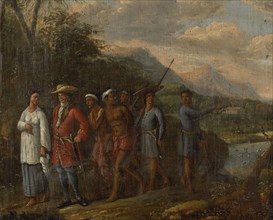 Dutch merchant with two enslaved men in a hilly landscape, 1700-1725. Creator: Unknown.