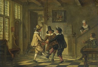 Three men in seventeenth-century costumes dancing in the entrance hall of a house, 1700-1885.  Creator: Unknown.