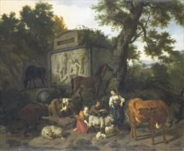 Landscape with Herdsmen and Cattle near a Tomb, 1660-1690. Creator: Dirk van Bergen.