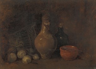 Still life with fruit, bottle and pottery, 1827-1887.  Creator: Francois Bonvin.