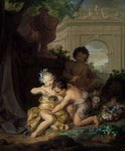 Three children playing with a bird's nest, 1718.  Creator: Isaac Walraven.