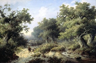 Forest landscape with travellers, 1849.  Creator: Jacobus Johannes Cremer.