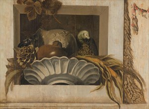 Still Life with a Bowl of Corn, Artichokes, Grapes and a Parrot, 1645-1650. Creator: Jacob van Campen.