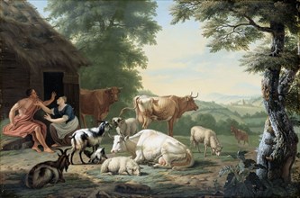 Arcadian Landscape with Shepherds and Cattle, 1710-1763. Creator: Jan van Gool.