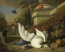 A Dog with a dead Goose and Peacock (A Study of Game and Fruit), c.1700. Creator: Jan Weenix.