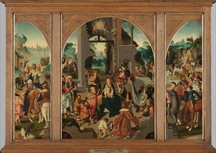 Triptych with Adoration of the Magi (center and inner wings), Saint Antony Abbot (left, outer wing)  Creator: Master of Alkmaar.
