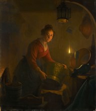 A Woman in a Kitchen by Candlelight, c.1830. Creator: Michiel Versteegh.