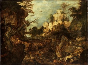 Wild boar hunt in a rocky landscape, 1620. Creator: Roelandt Savery.
