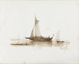 Sailing ship with figures on the water, 1830-1860. Creator: Albertus van Beest.