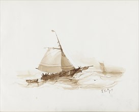 Sailing ship with figures on the water, 1830-1860. Creator: Albertus van Beest.
