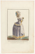Gallery of French Fashions and Costumes, 1779, cc 160: Young lady holding her (...), 1782. Creator: Jean-Baptiste Patas.