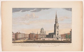A perspective view of the north west front of ye parish church of St. Brides', London, 1753. Creator: Thomas Bowles.