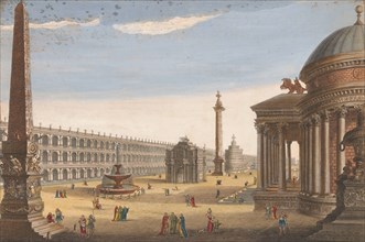 View of an obelisk, a triumphal arch, a column and other structures in Rome, 1756. Creator: Unknown.
