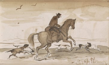 Landscape with a rider and running dogs, 1864. Creator: Johannes Tavenraat.