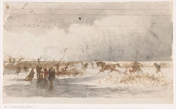 Skaters and horse sleigh on the ice, 1840-1880. Creator: Johannes Tavenraat.