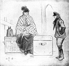 'Les Indesirables; Immobilisee par ses excedents de bagages devant le pont de Kehl', 1918. Creator: Andre Galland.